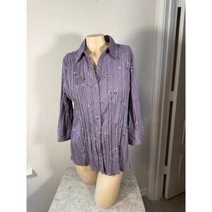NWOT Fred David Purple Embroidered Crinkle Button Up Blouse 1X